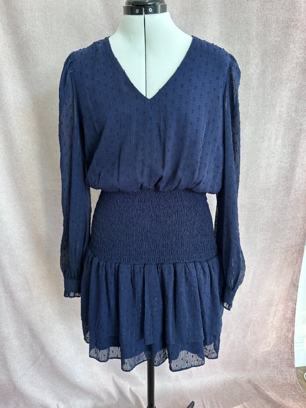 AQUA Navy Blue Ruffle Mini Dress with Sheer Long Sleeves, L